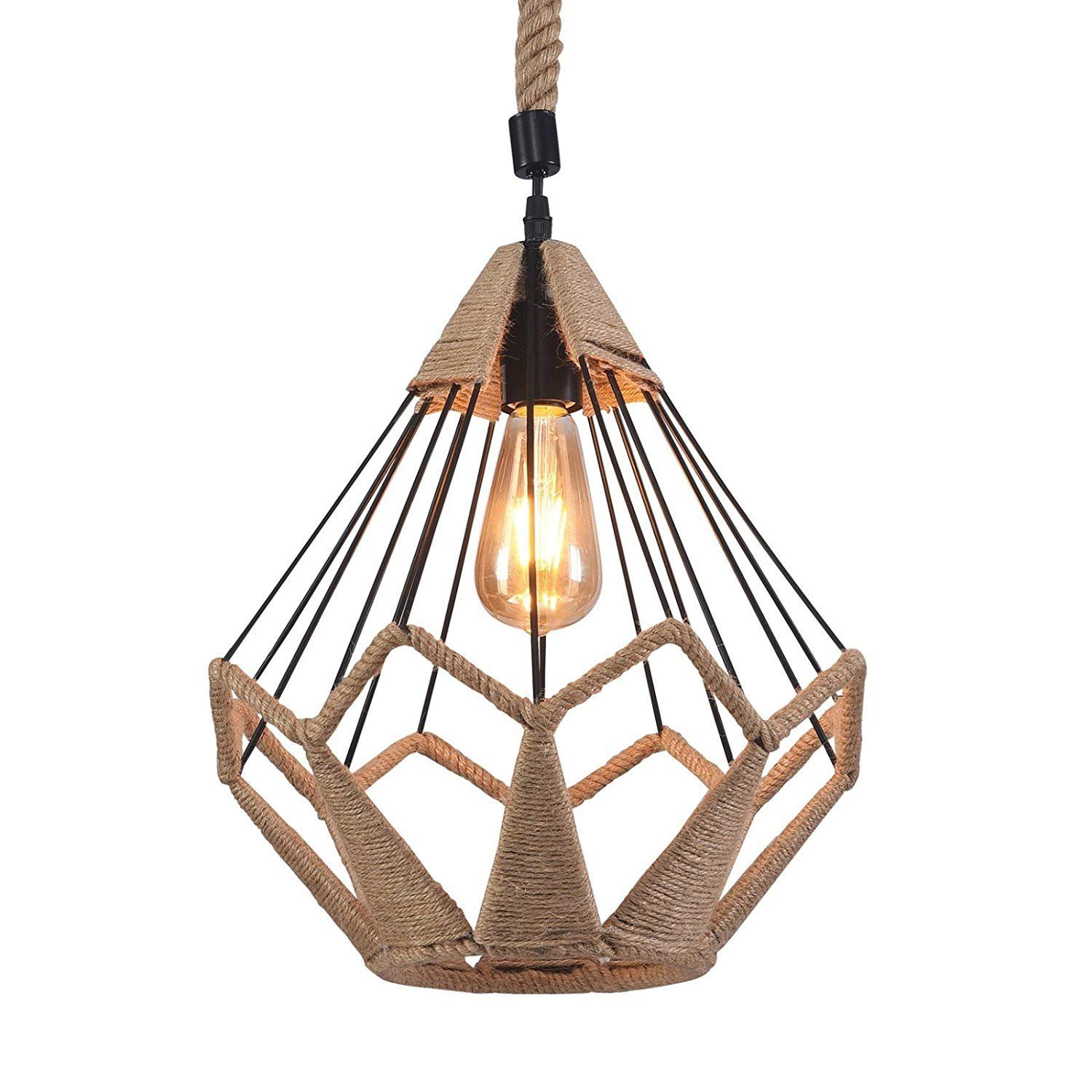 Wideskall 13" Industrial Natural Hemp Rope Iron Metal Wire With Bubbles Clear And Natural Brass One Light Chandeliers (View 8 of 15)