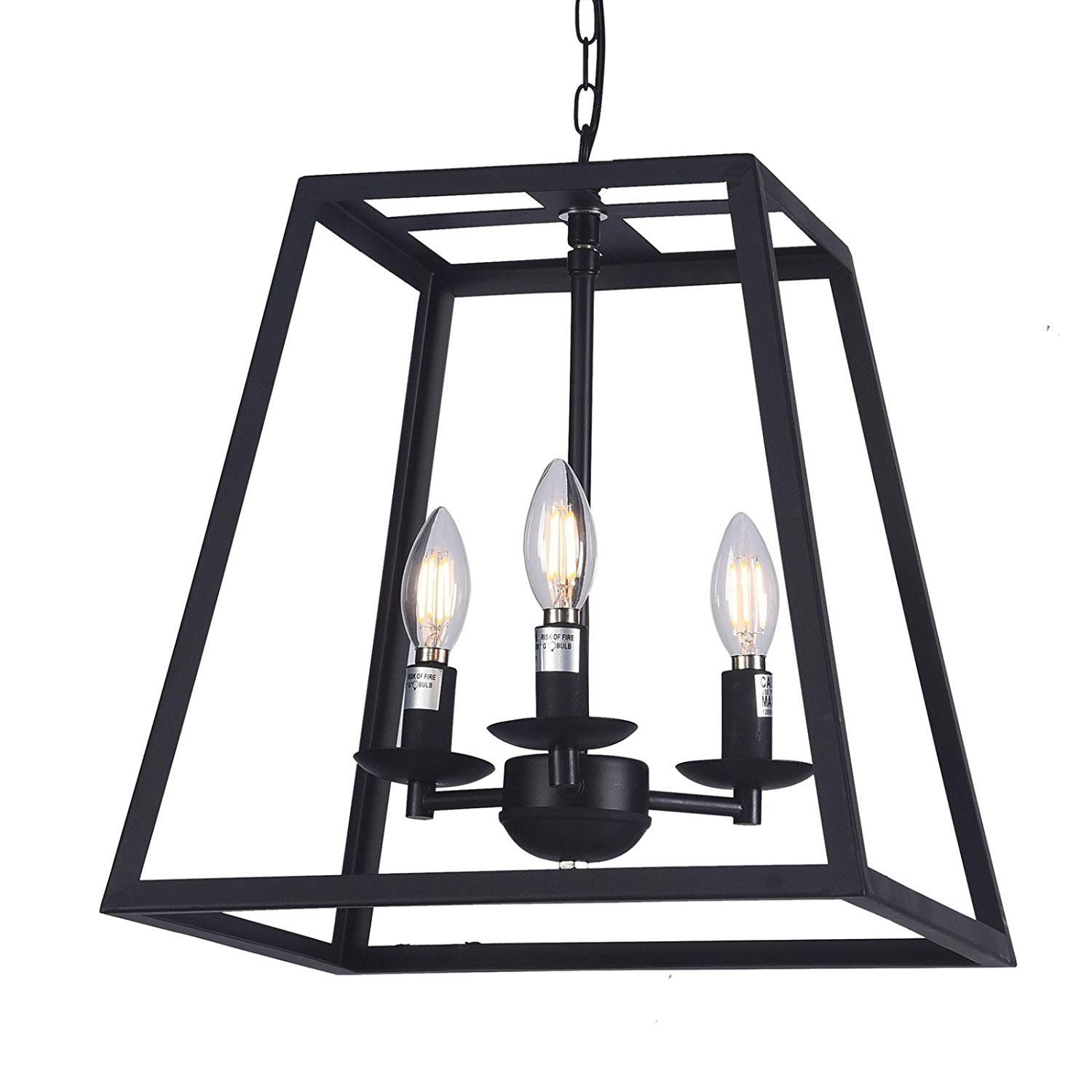 Wideskall 14" Modern Black Metal Iron Frame Square Cage With Regard To Matte Black Three Light Chandeliers (View 1 of 15)