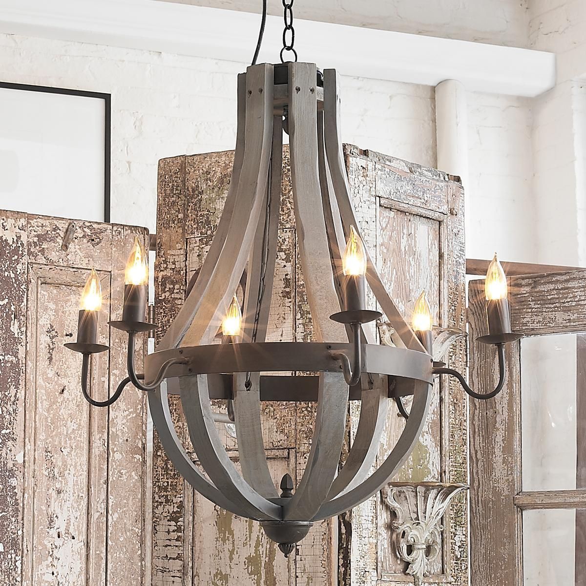 Wooden Wine Barrel Stave Chandelier | Wine Barrel With Regard To French Washed Oak And Distressed White Wood Six Light Chandeliers (View 11 of 15)