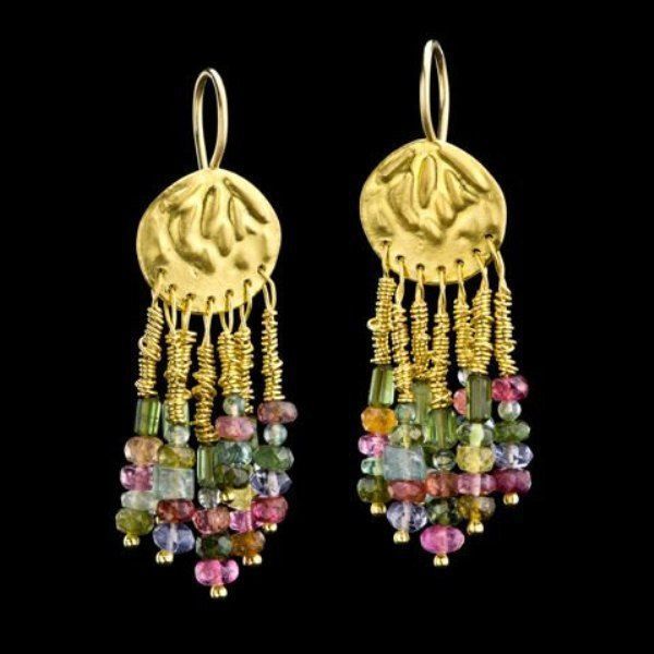 22K Gold Chandelier Earrings Tourmalines Dangle Long Pair Pertaining To Warm Antique Gold Ring Chandeliers (View 5 of 15)