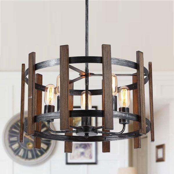 5 Light Distressed Black And Brushed Wood Drum Chandelier With Regard To Distressed Cream Drum Pendant Lights (View 11 of 15)