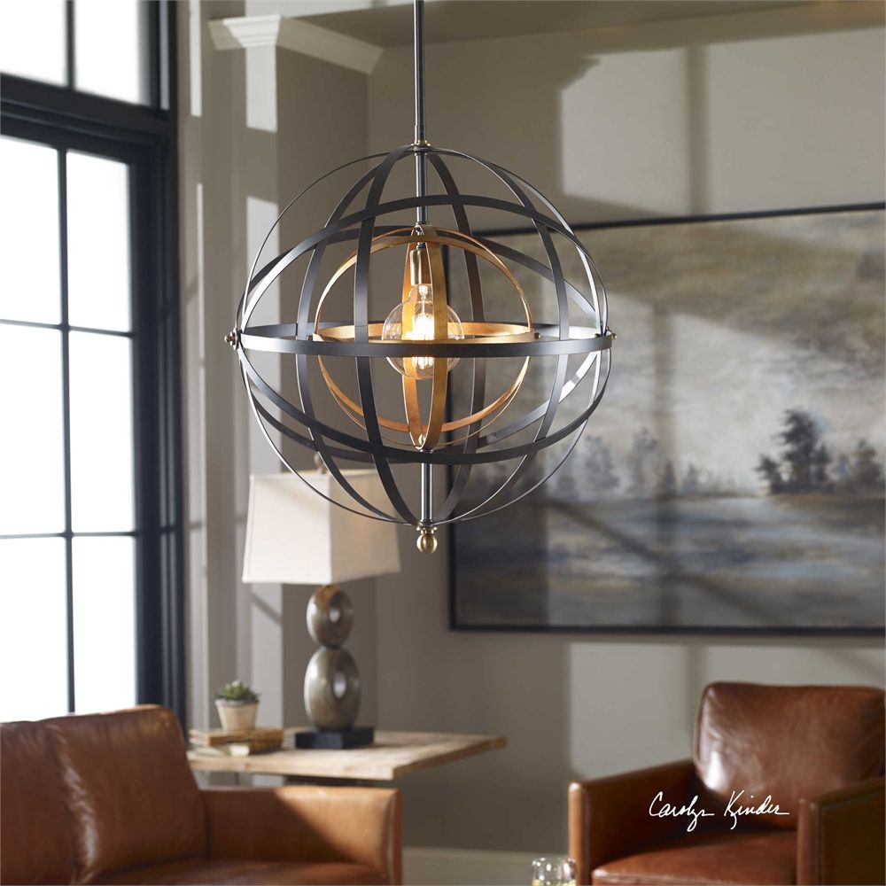 Dark Oil Rubbed Bronze & Gold 1 Light Sphere Pendant Large With Regard To Dark Bronze And Mosaic Gold Pendant Lights (View 3 of 15)