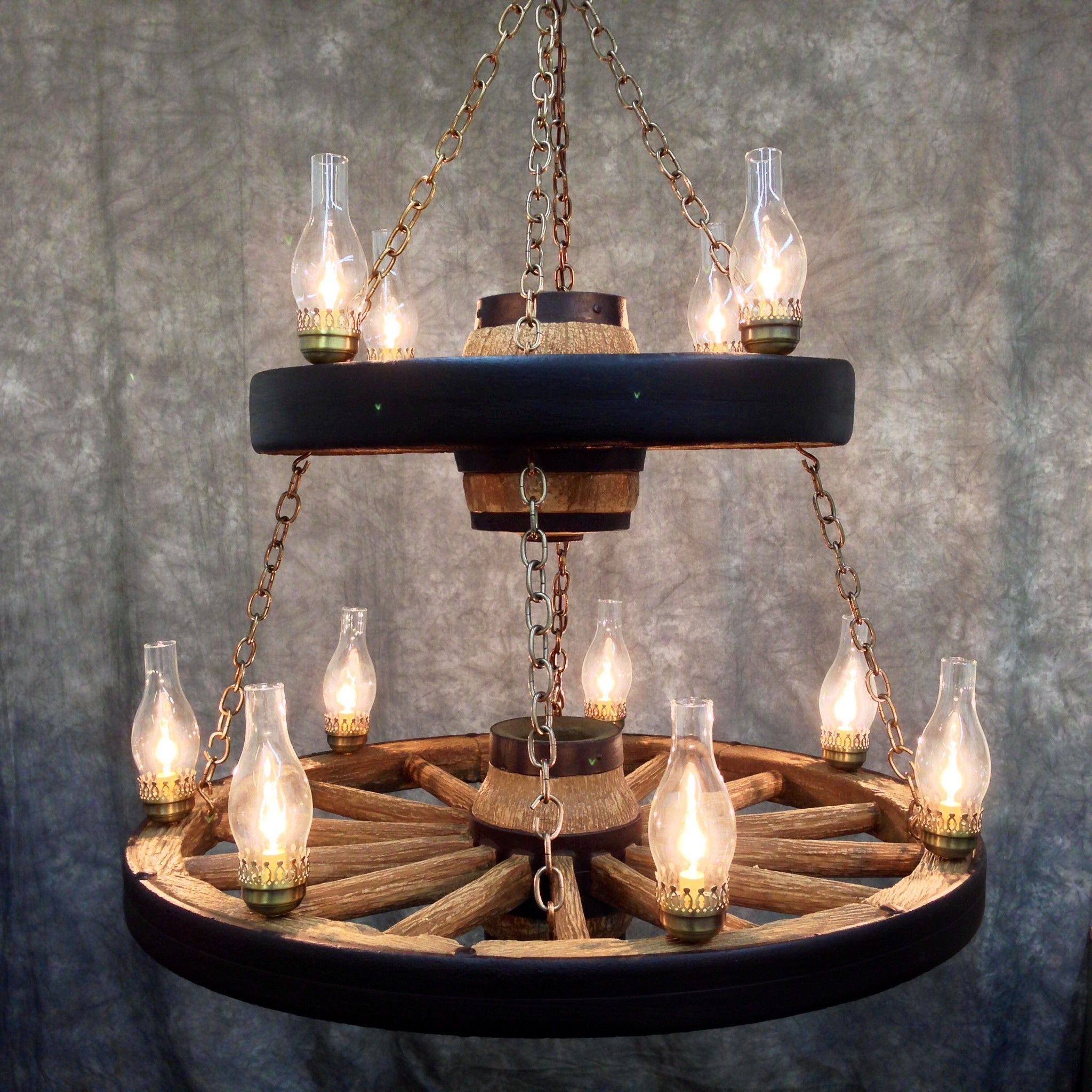 Double Wagon Wheel Chandelier With 11 Chimney Lights In Wood Ring Modern Wagon Wheel Chandeliers (View 13 of 15)