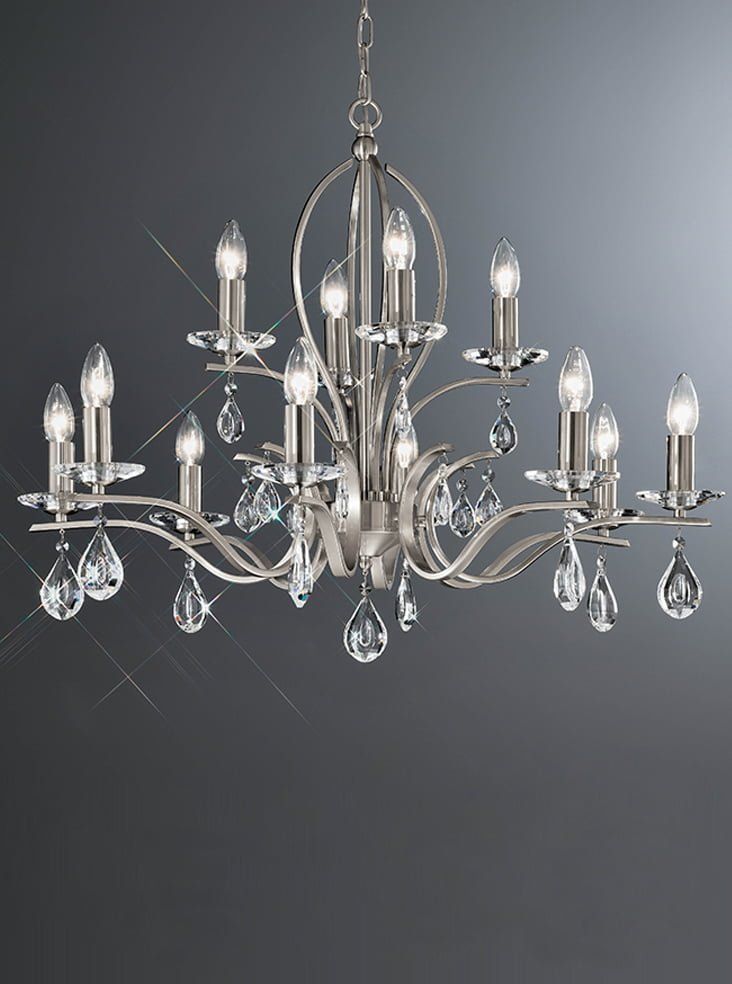 Fl2298/12 Willow 12 Light Chandelier With Crystal Drops With Regard To Satin Nickel Crystal Chandeliers (View 4 of 15)