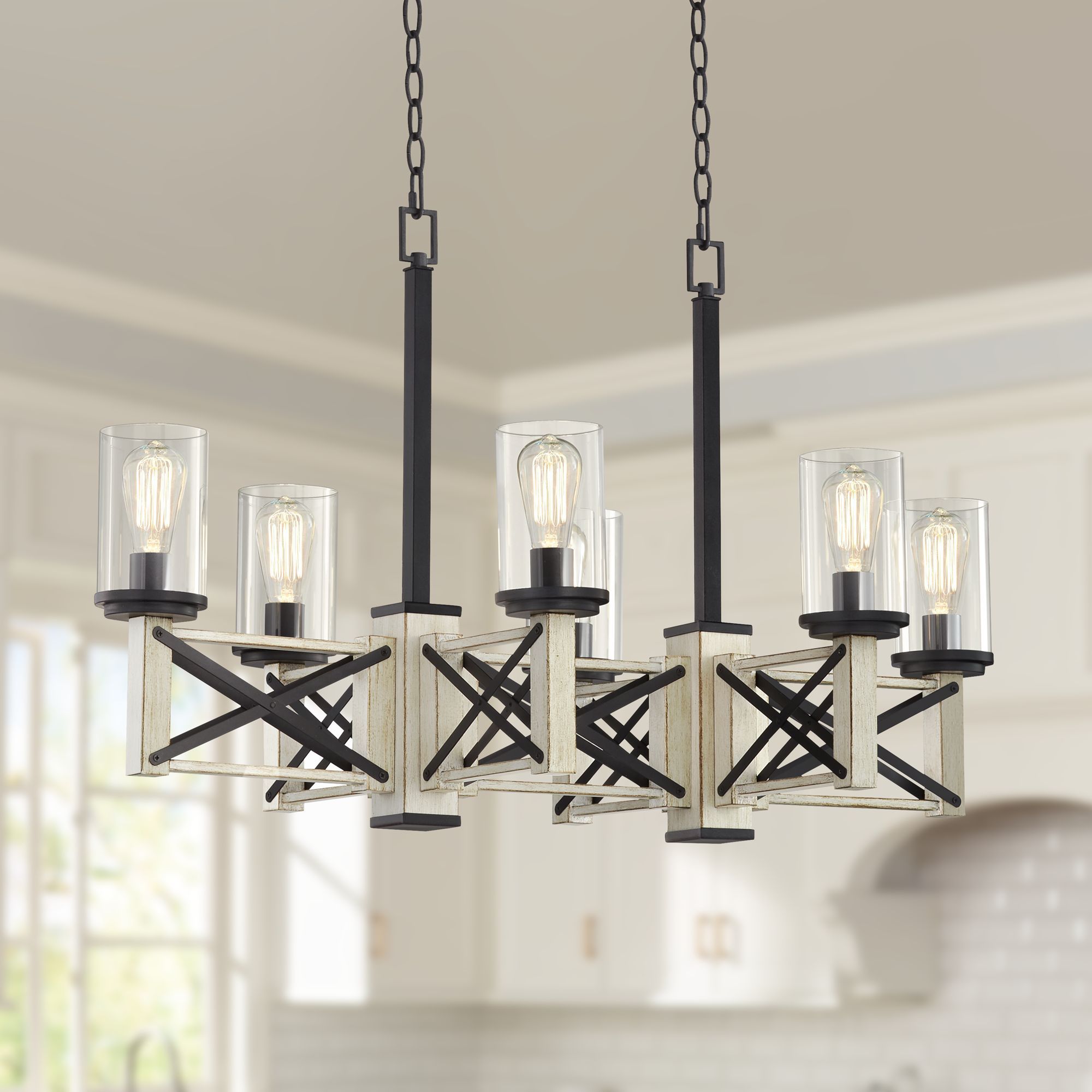 Franklin Iron Works Black White Wash Wood Linear Pendant Pertaining To Rustic Black Chandeliers (View 11 of 15)