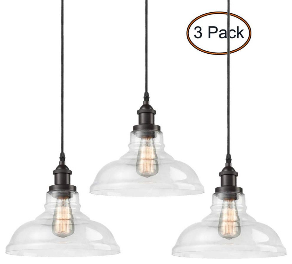 Industrial Dome Glass Pendant Light 3 Pack, Oil Rubbed For Textured Glass And Oil Rubbed Bronze Metal Pendant Lights (View 7 of 15)