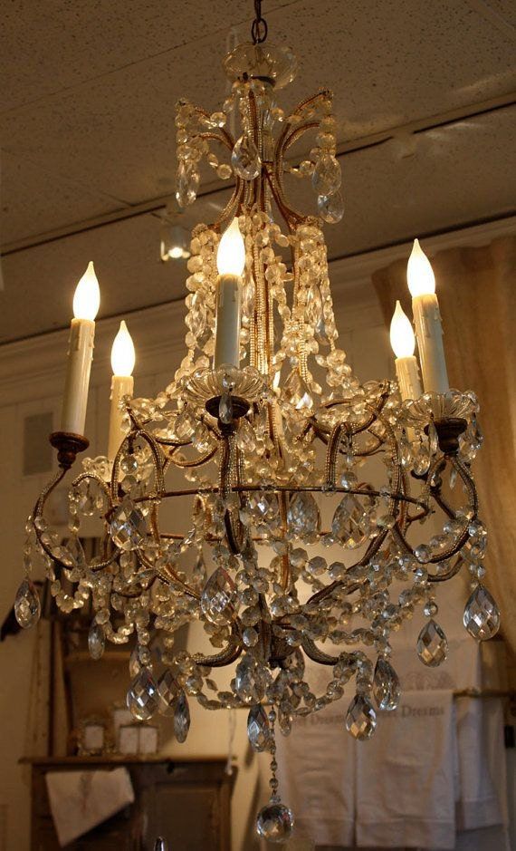 Italian Antique Style Brass 6 Arms Basket Chandelier Glass Pertaining To Antique Brass Crystal Chandeliers (View 10 of 15)