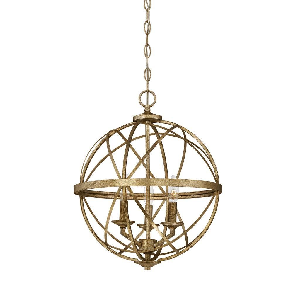 Lakewood Collection 3 Light Vintage Gold Sphere Pendant With Antique Gold Pendant Lights (View 2 of 15)