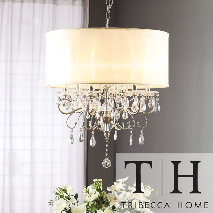 Linen Drum Shade Added To Crystal Chandelier | Drum Shade Pertaining To Oatmeal Linen Shade Chandeliers (View 9 of 15)