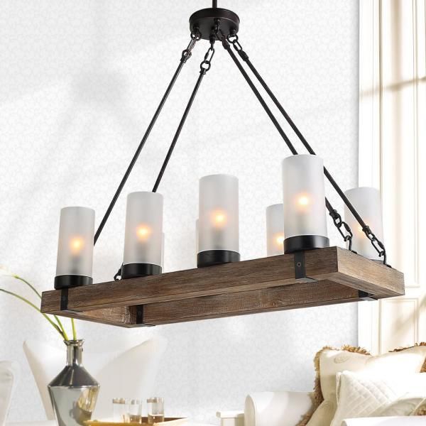 Lnc Farmhouse 8 Light Wood Frosted Glass Pendant Bronze With Bronze Kitchen Island Chandeliers (View 11 of 15)