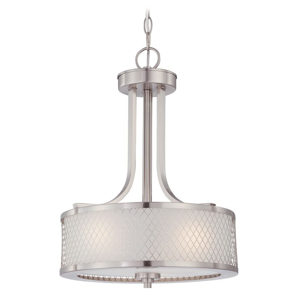 Modern Drum Pendant Light With White Shade In Brushed With Regard To Polished Nickel And Crystal Modern Pendant Lights (View 11 of 15)