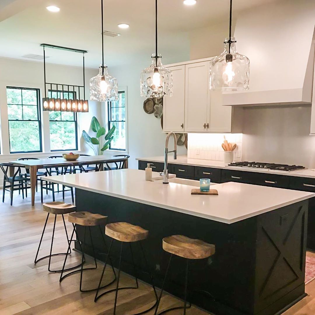Modern Farmhouse With Two Toned Kitchen Cabinets, Matte Throughout Black Wood Grain Kitchen Island Light Pendant Lights (View 13 of 15)