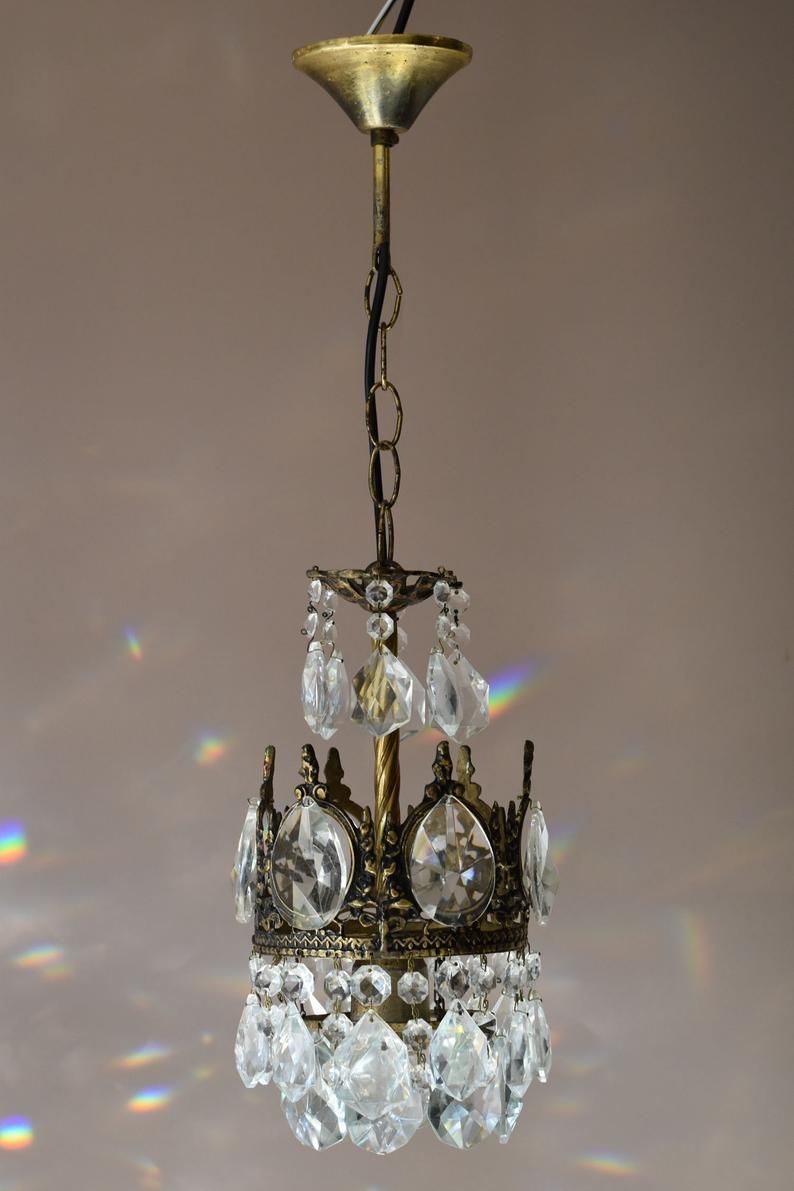 Petite Antique Brass Crystal Chandelier Vintage Mini For Antique Brass Crystal Chandeliers (View 12 of 15)