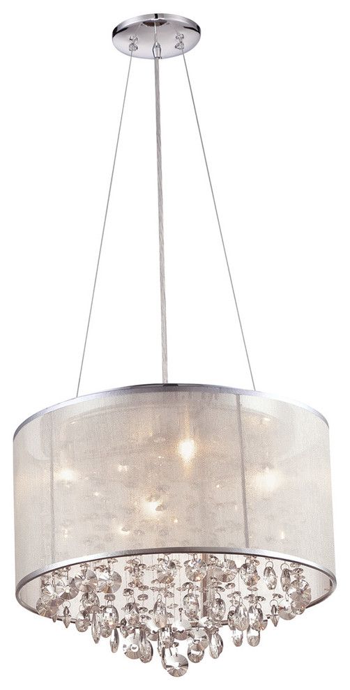 Round Silver Organza Silk Shade And Crystal Dual Mount Within Organza Silver Pendant Lights (View 3 of 15)