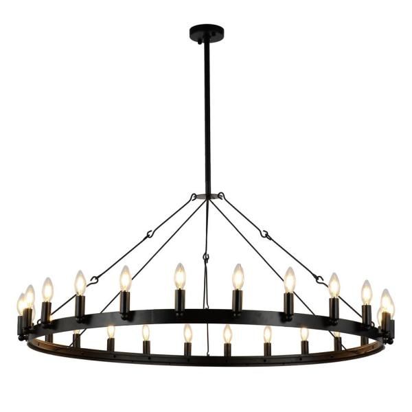 Vintage 24 Light Black Candle Style Wagon Wheel Chandelier With Regard To Black Wagon Wheel Ring Chandeliers (View 4 of 15)