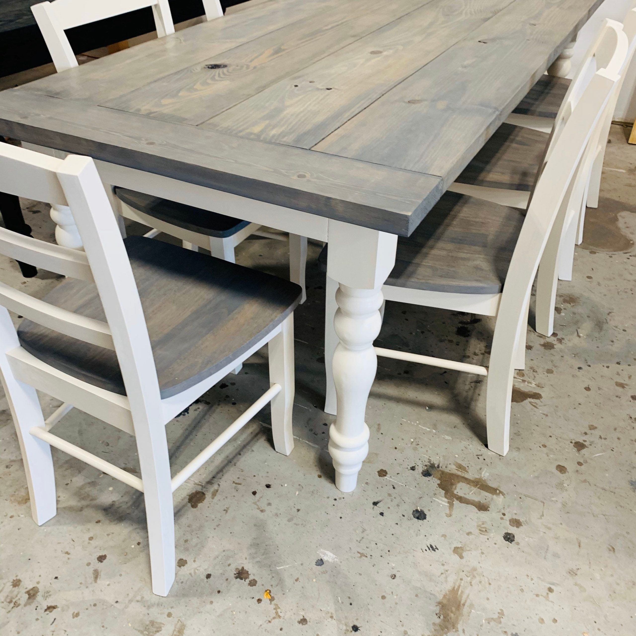 7Ft Rustic Farmhouse Table With Turned Legs, Chair Set In 2017 Gray Dining Tables (View 8 of 15)
