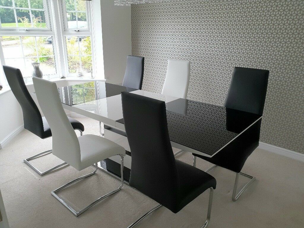 Black And White Extendable Dining Table With 6 Faux With Most Recently Released White And Black Dining Tables (View 11 of 15)