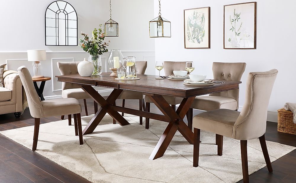 Grange Dark Wood Extending Dining Table With 6 Bewley Mink Intended For Most Up To Date Dark Hazelnut Dining Tables (View 15 of 15)