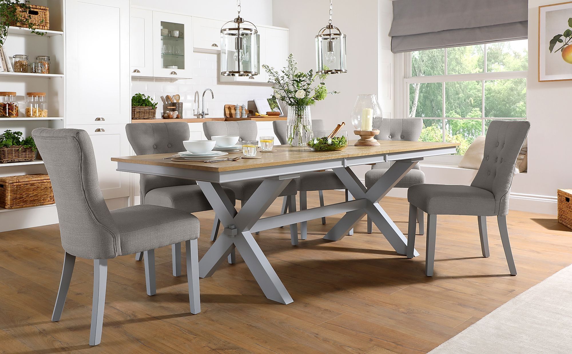 Grange Painted Grey And Oak Extending Dining Table With 6 Within Latest Gray Dining Tables (View 15 of 15)