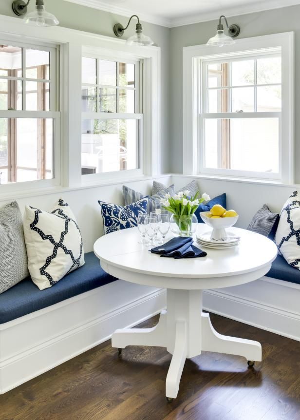 Gray Walls Surround This Elegant Blue And White Breakfast With Regard To Current White Corner Nooks (View 11 of 15)