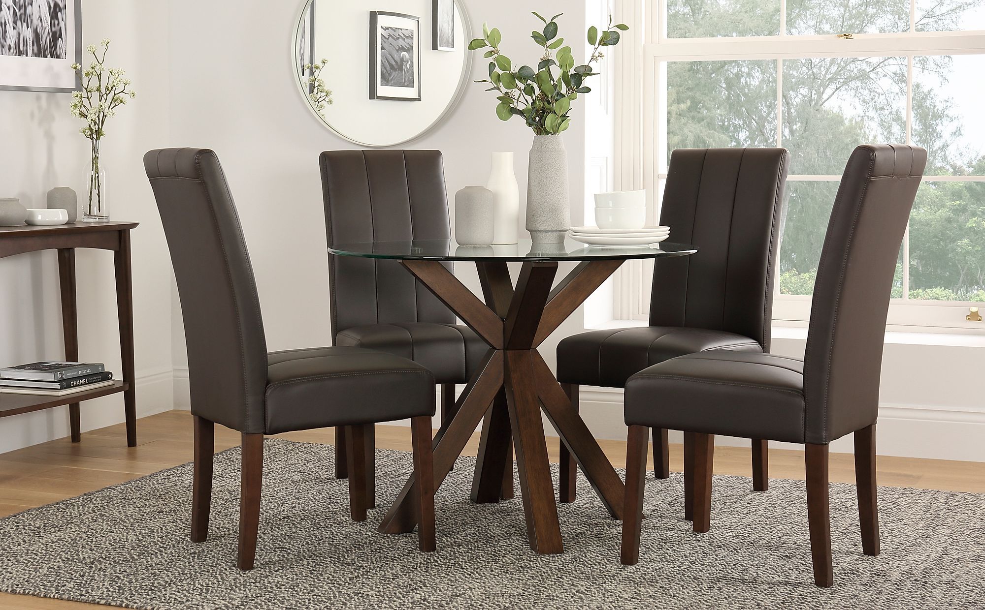 Hatton Round Dark Wood And Glass Dining Table With 4 Throughout Most Current Dark Brown Round Dining Tables (View 6 of 15)
