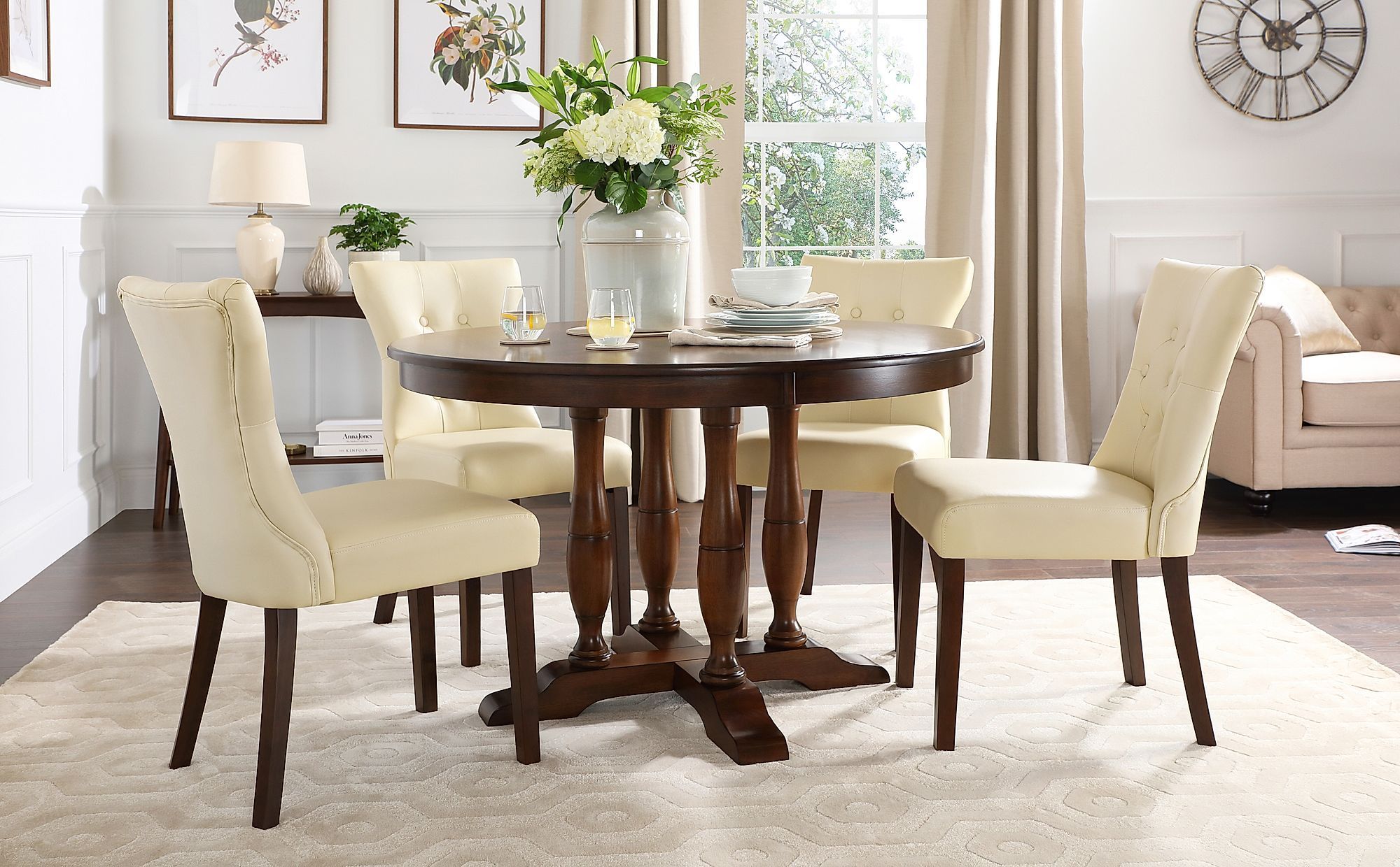 Highgrove Round Dark Wood Dining Table With 4 Bewley Ivory For Best And Newest Dark Brown Round Dining Tables (View 9 of 15)