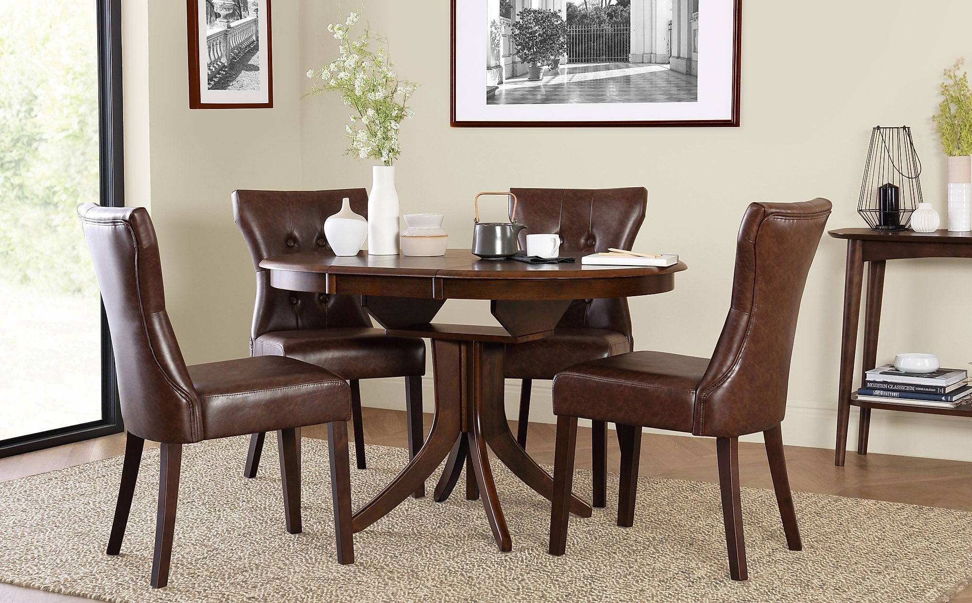Hudson Round Dark Wood Extending Dining Table With 6 With Regard To Most Recent Brown Dining Tables (View 9 of 15)