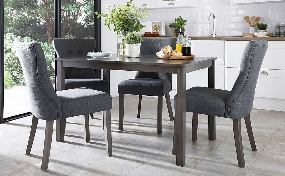 Milton Grey Wood Dining Table With 4 Bewley Slate Fabric Pertaining To Most Up To Date Gray Dining Tables (View 11 of 15)