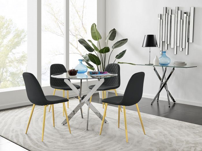 Novara Chrome Metal Dining Table & 4 Corona Gold Chairs With Newest Chrome Metal Dining Tables (View 15 of 15)