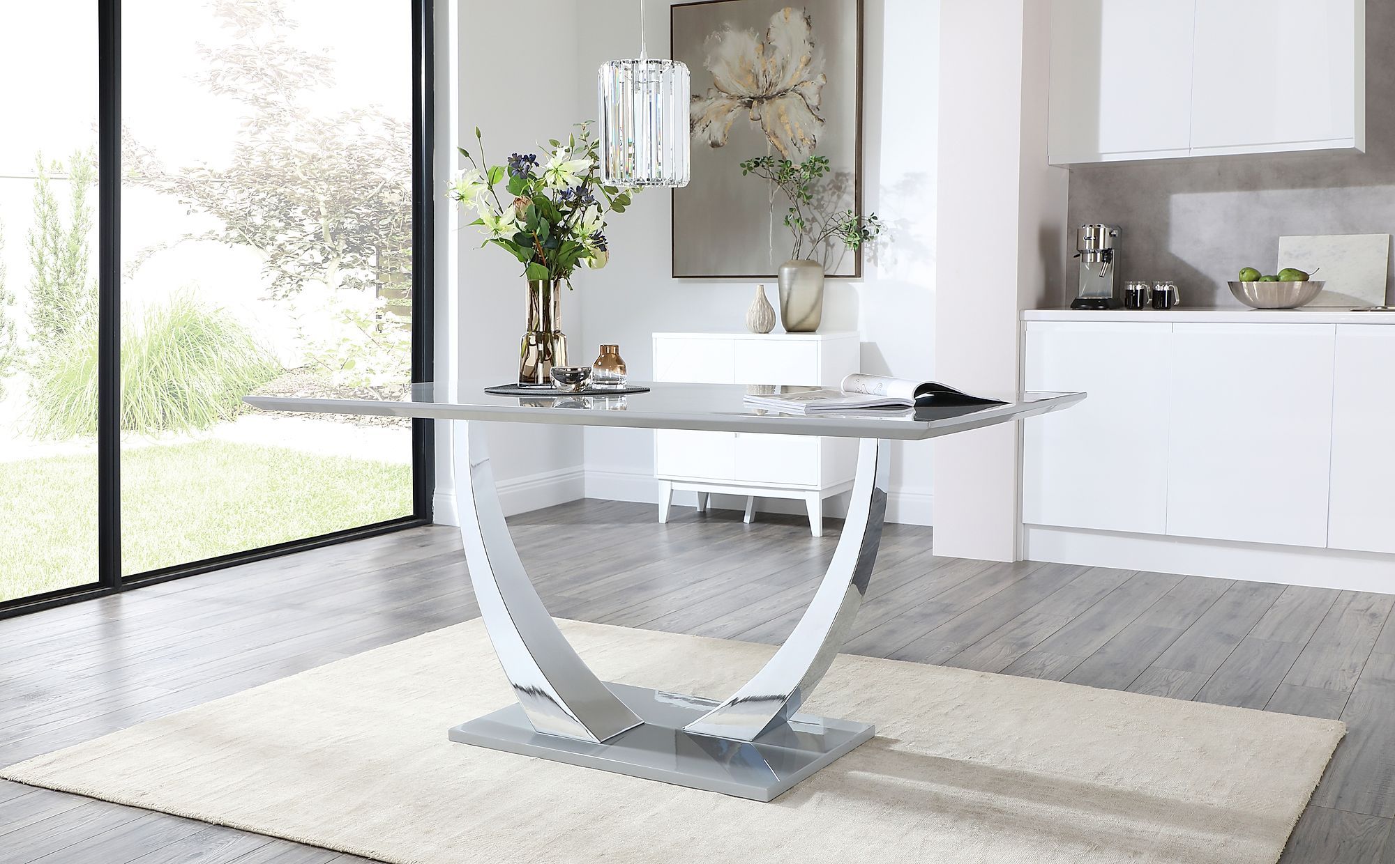 Peake Grey High Gloss And Chrome 160Cm Dining Table Inside 2018 Glossy Gray Dining Tables (View 10 of 15)