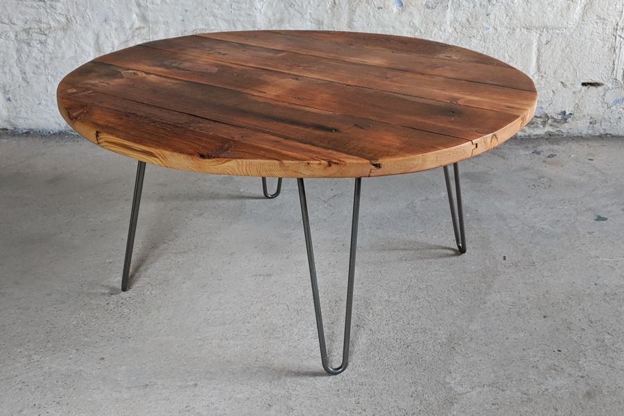 Pitch Pine Floorboard Round Coffee Table On Metal Hairpin Pertaining To Current Drop Leaf Tables With Hairpin Legs (View 15 of 15)