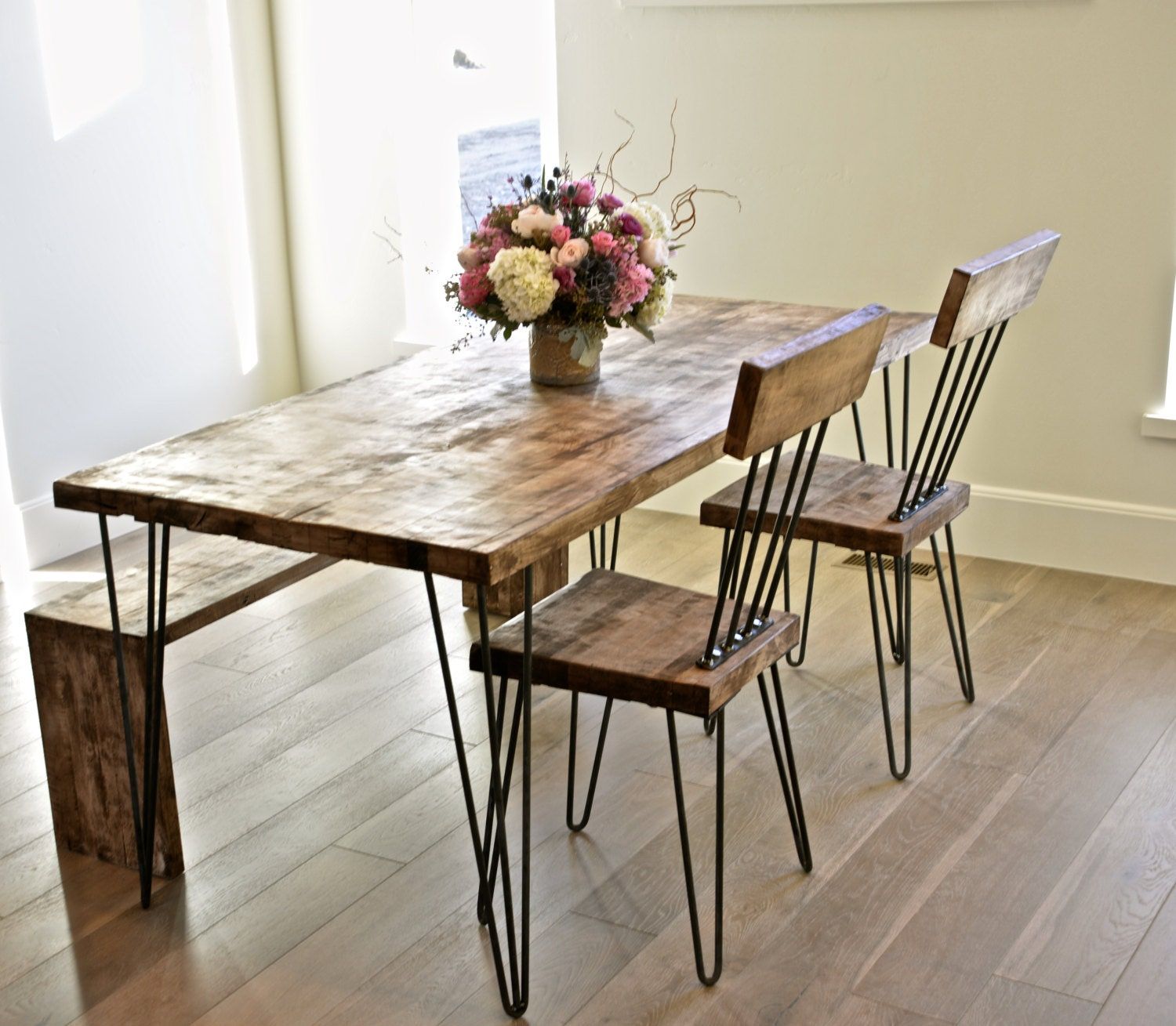 Solid Maple Hairpin Dining Table With Chairs And Bench Within Best And Newest Round Hairpin Leg Dining Tables (View 14 of 15)