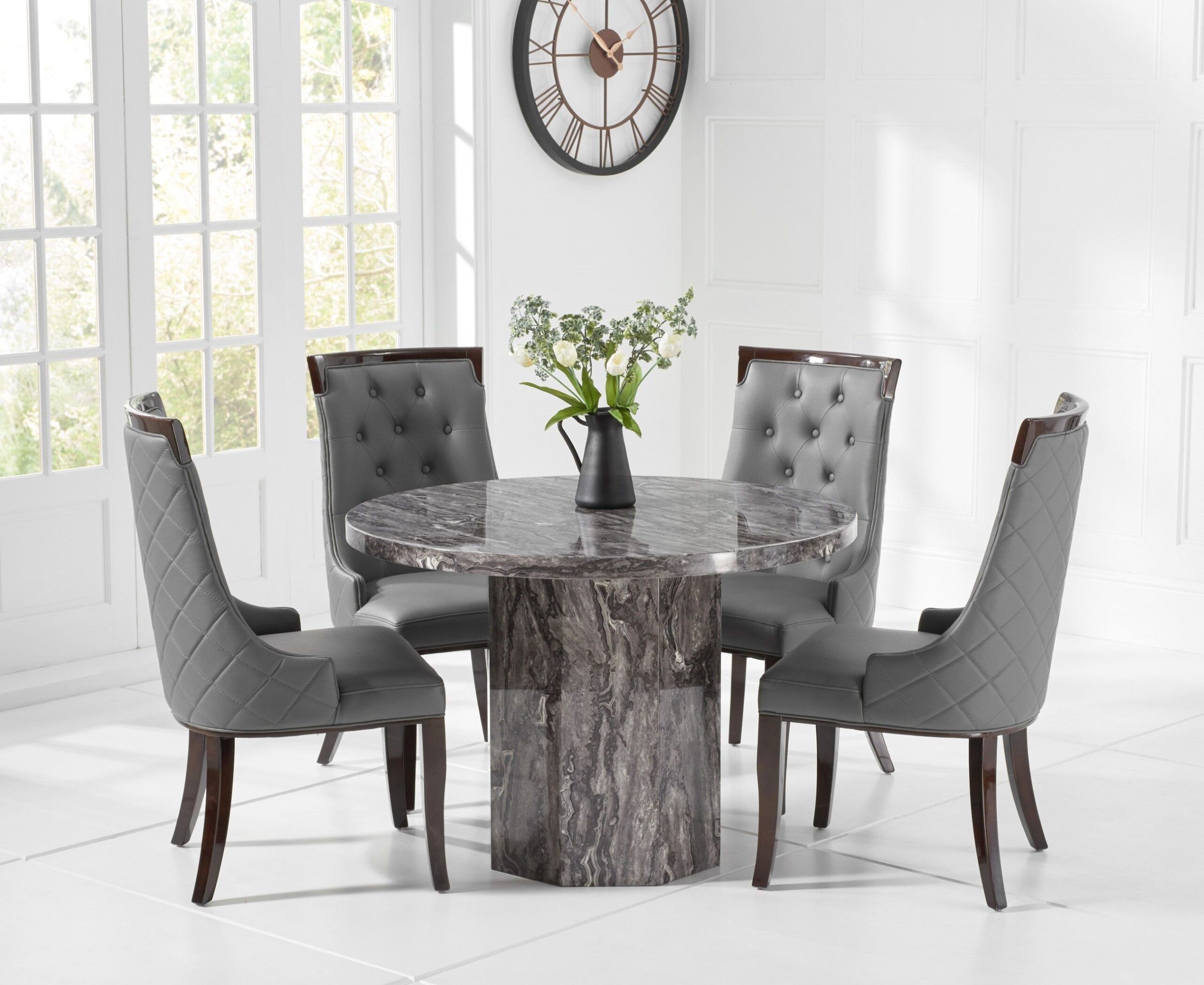 Zenas 110Cm Grey Marble Round Dining Table – Lycroft Interiors For Most Current Gray Dining Tables (View 9 of 15)