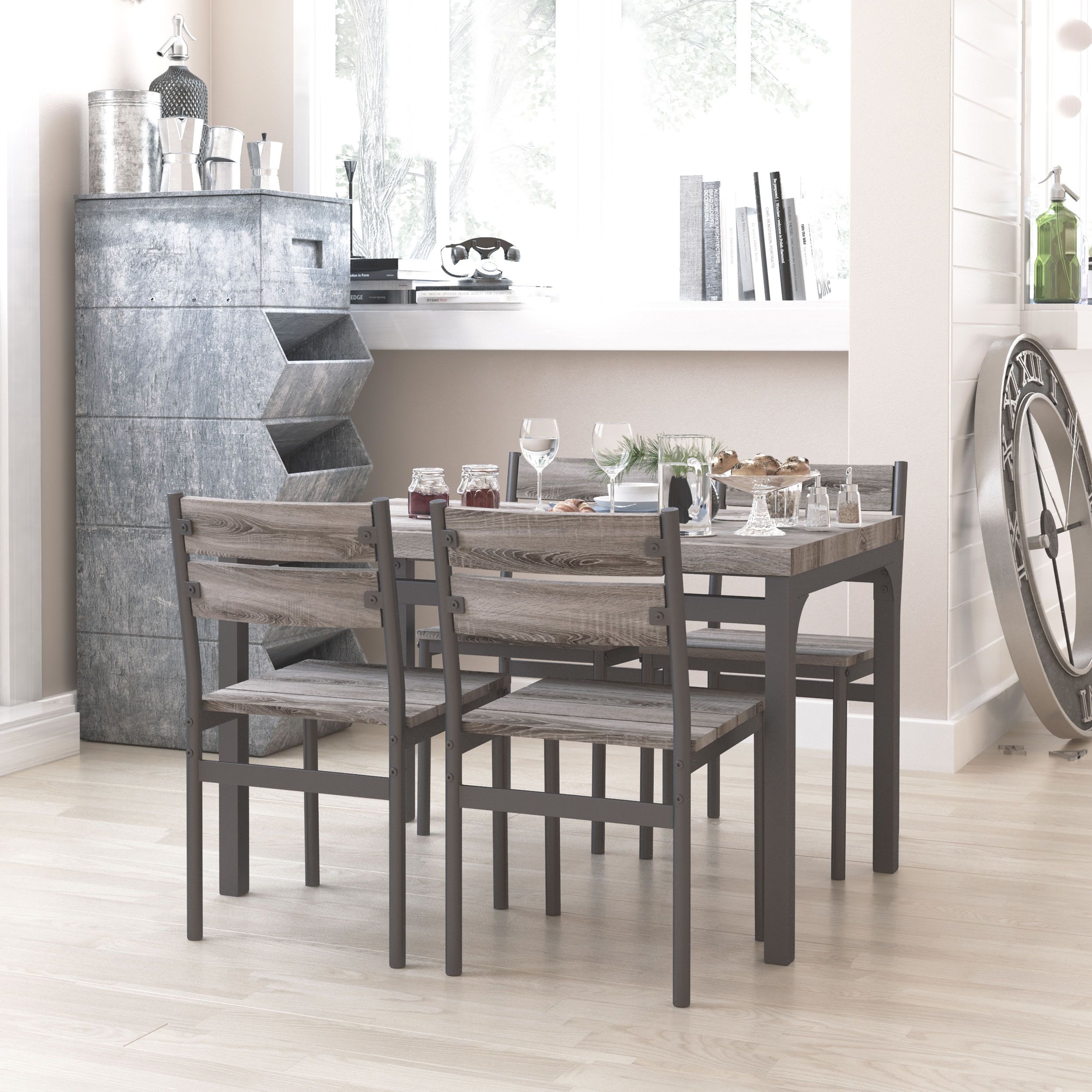 Zenvida 5 Piece Dining Set Rustic Grey Wooden Kitchen For Latest Gray Dining Tables (View 10 of 15)