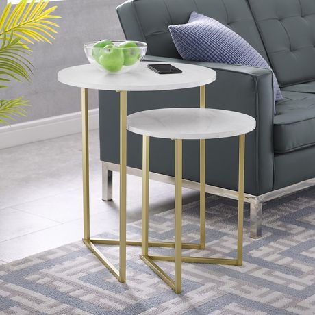 2 Piece V Leg Nesting Side Tables And End Table Set  White With Regard To Faux White Marble And Metal Coffee Tables (View 2 of 15)