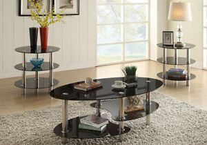 3 Pcs Tri Level Black Glass Oval Cocktail Coffee Table End Pertaining To Black Metal Cocktail Tables (View 4 of 15)