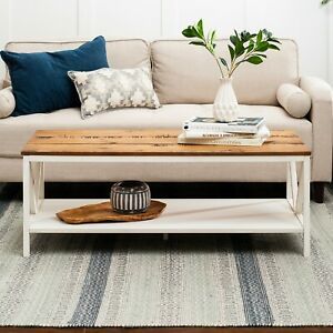 48 Inch Distressed Farmhouse Coffee Table With White Wash Regarding Oceanside White Washed Coffee Tables (View 10 of 15)