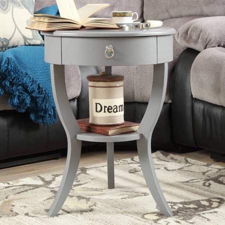 Amelia Round Wood End Table With One Drawer, Gray For Smoke Gray Wood Coffee Tables (View 6 of 15)