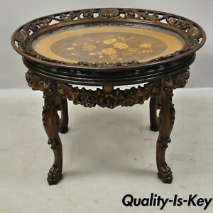 Antique French Louis Xv Satinwood Inlay Floral Carved Tray With Regard To Antiqued Gold Leaf Coffee Tables (View 14 of 15)