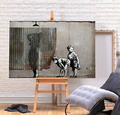 Banksy Shower Boys Peeping – Deep Framed Canvas Wall Art Pertaining To Wall Framed Art Prints (View 1 of 15)