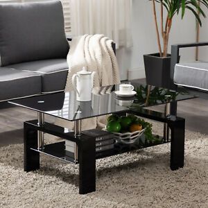 Black Highlight Glass Coffee Table End Side Table W/Shelf In Swan Black Coffee Tables (View 2 of 15)