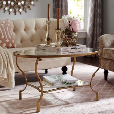 Chasca Glass Top Gold Oval Coffee Table | Pier 1 Imports Throughout Geometric Glass Top Gold Coffee Tables (View 5 of 15)