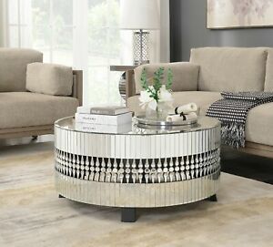 Crystal Coffee Table Round Mirrored Cut Glass Contemporary Throughout Glass And Pewter Coffee Tables (View 10 of 15)