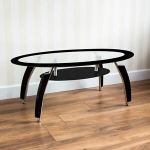 Elena Coffee Table Black Oval Glass Shelf Modern Furniture Regarding Glass And Pewter Oval Coffee Tables (View 4 of 15)
