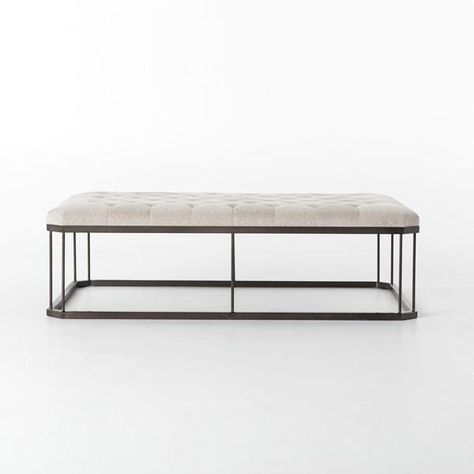 English Rectangle Ottoman – Tufted Stone/Iron | Leather With Smoke Gray Wood Square Coffee Tables (View 9 of 15)