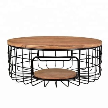 Furniture Storage Black Metal Wire Basket Wooden Top Side Within Gray Wood Black Steel Coffee Tables (View 5 of 15)