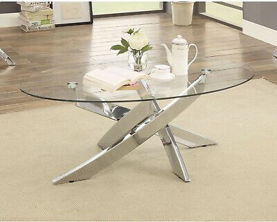 Glass, Chrome Oval Coffee Table Shiny Silver Criss Cross In Glass Coffee Tables (View 1 of 15)