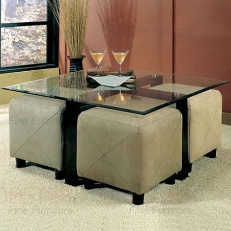 Glass Coffee Table And 4 Ottoman Storage Cube Seating Intended For 1 Shelf Square Coffee Tables (View 2 of 15)