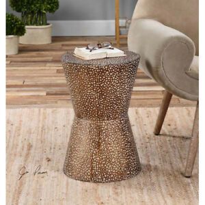 Hammered Metal Drum Shaped Antiqued Copper Bronze End Inside Antique Silver Aluminum Coffee Tables (View 6 of 15)
