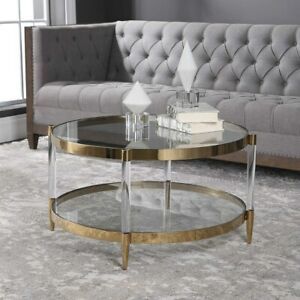 Hollywood Glam Xxl 32" Plated Gold Stainless Coffee Table Regarding Antiqued Gold Rectangular Coffee Tables (View 3 of 15)
